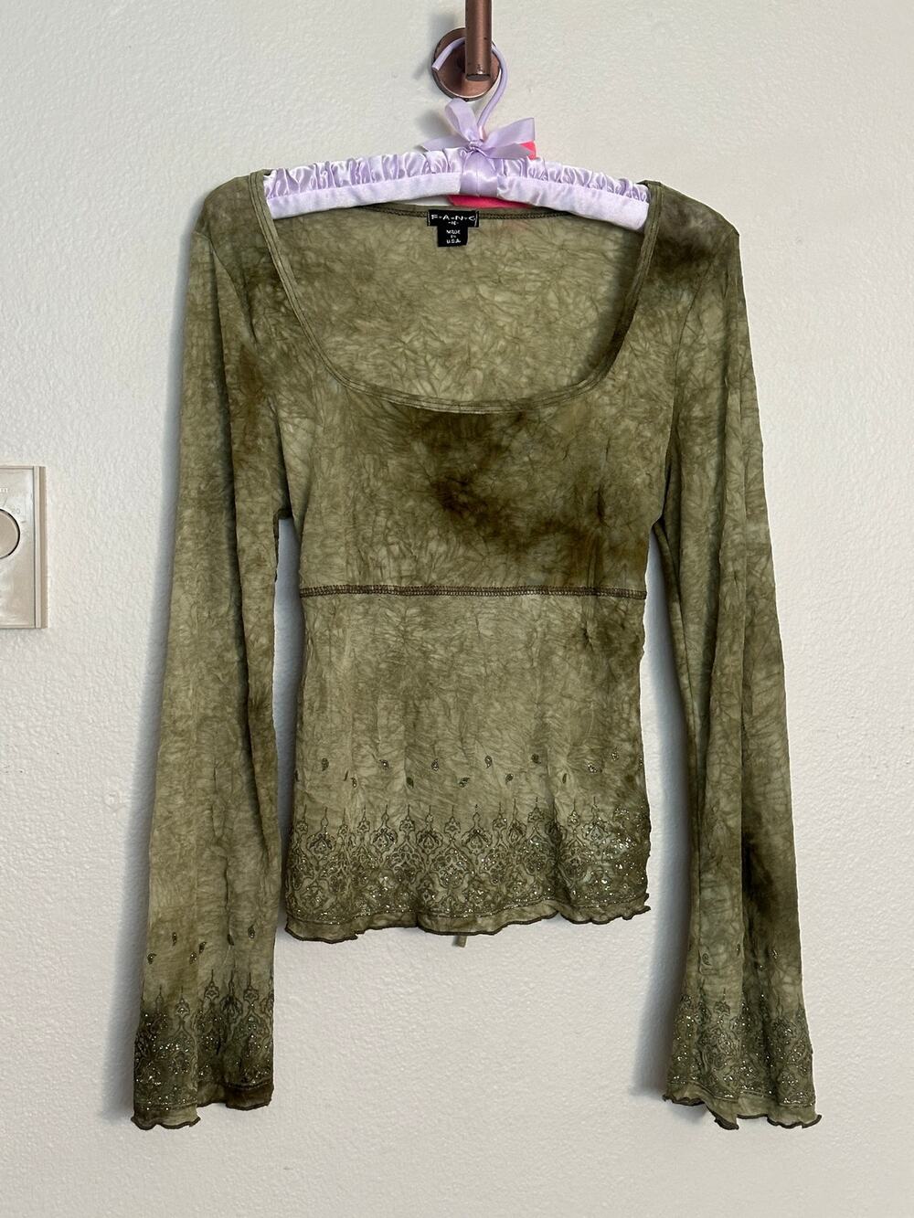 Vintage 90s FANG Made in USA Med. Green Bell Sleeve Glitter Fairycore Blouse